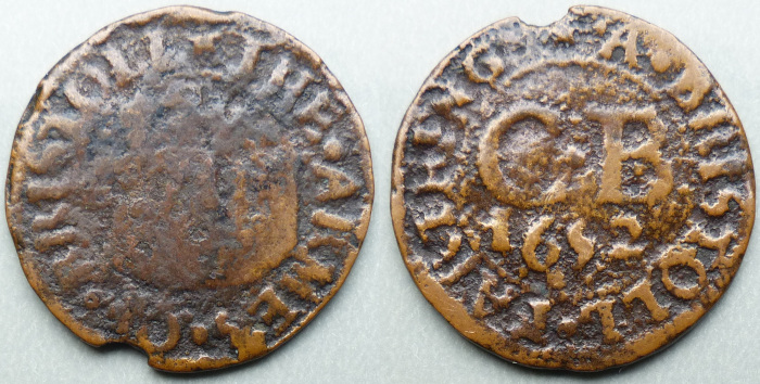 Bristol, 1652 city issue farthing N1505 cast counterfeit